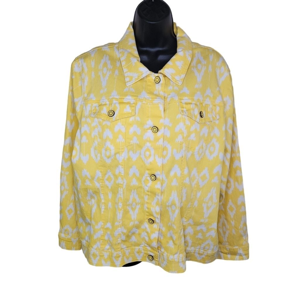 Dg2 Diane Gilman Yellow Ikat Stretch Denim Jacket Size 2x